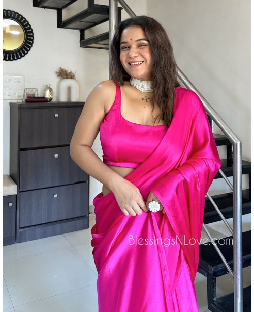 Hot Pink Satin Silk Saree
