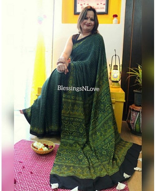 Green Ajrakh Modal Silk Saree