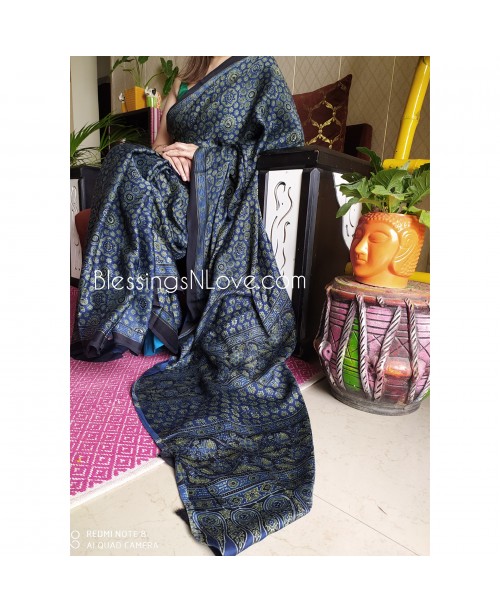 Blue Modal Silk Ajrakh Saree With Green Floral Motifs 