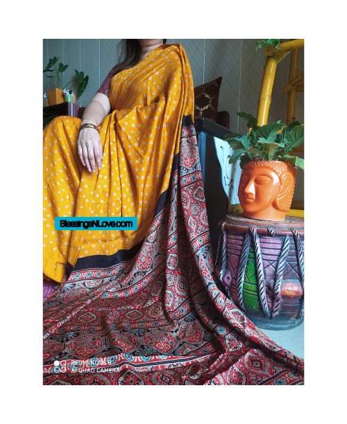 Yellow Red Ajrakh Bandhani Saree