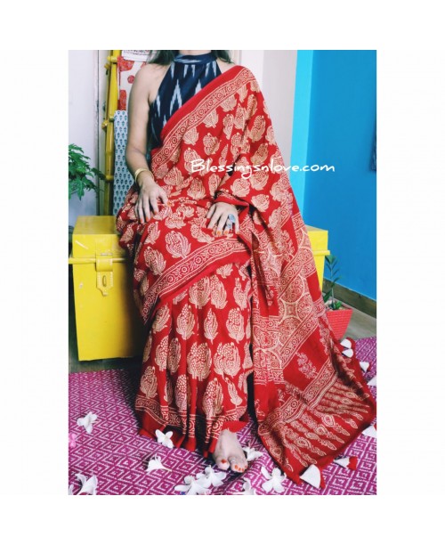 Red Ajrakh Cotton Mul Saree (HandBlock print)