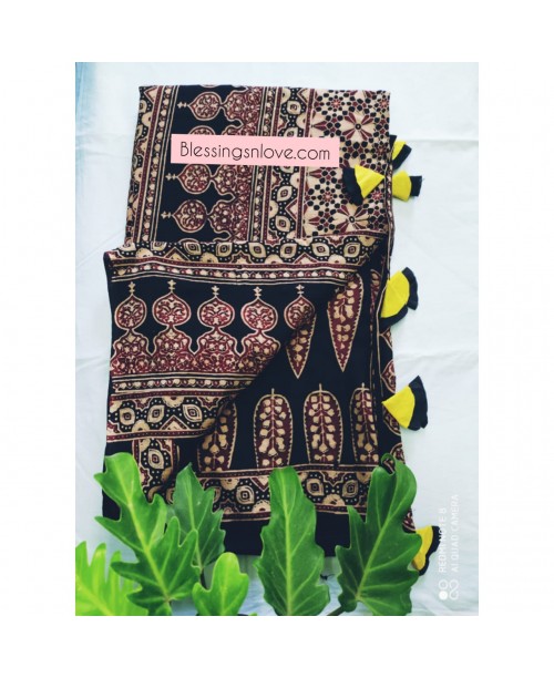 Ajrakh Handblock print Cotton Mul Saree