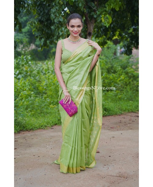 Green Silk Linen Handwoven Saree
