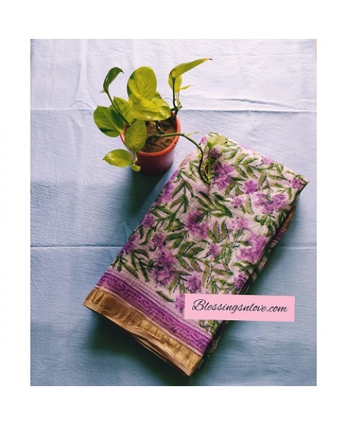 Purple Kota Doria Floral Hand Block Print Saree
