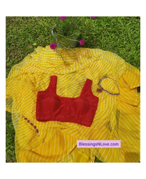 Yellow Chiffon Lehariya Sari With Unstiched Crepe Blouse
