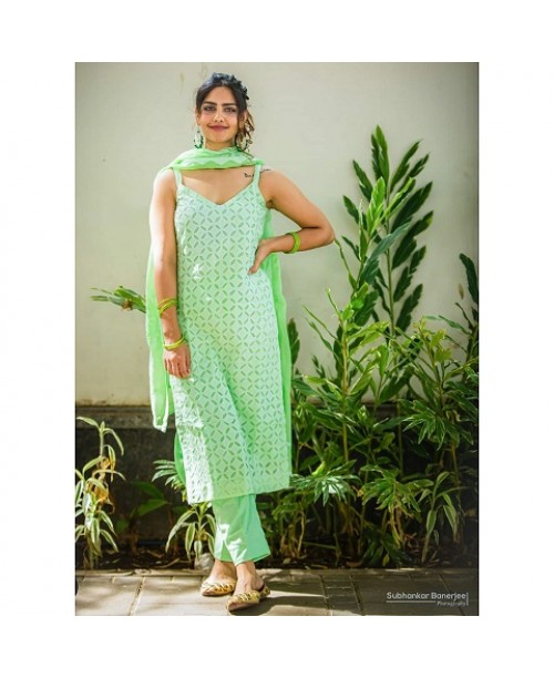 Green Applique Cut Work Suit