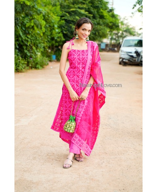 Hot Pink Applique Cut Work Suit