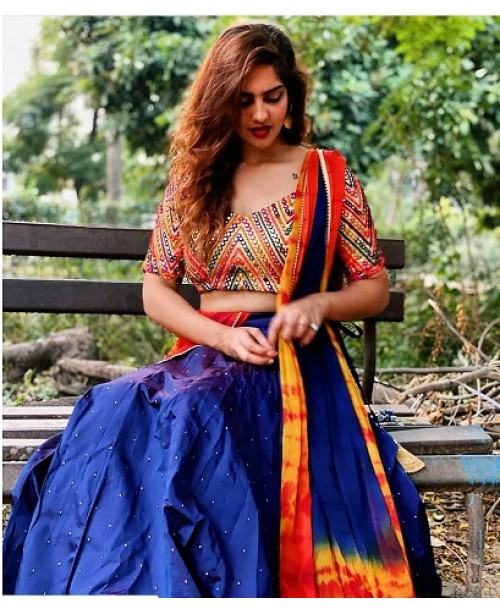Blue Raw Silk Lahenga With Mirror Work Choli