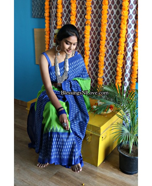 Pochampalli Ikat Handwoven Cotton Saree (Green-Blue)