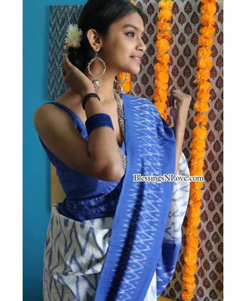 White And Blue Handwoven Cotton Ikkat Saree