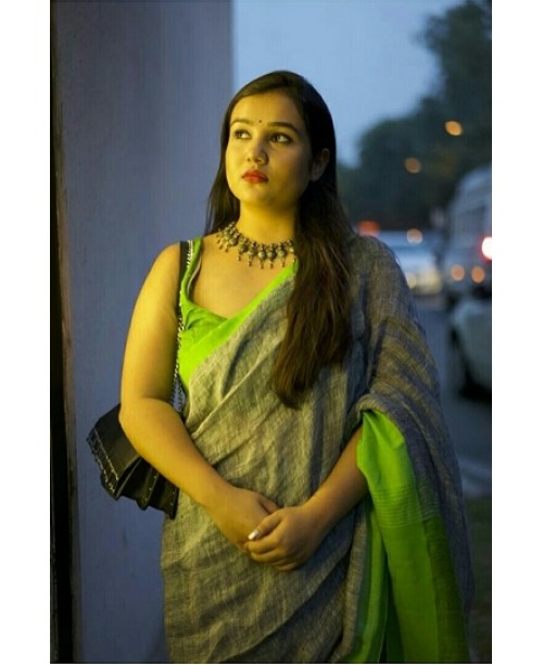 Grey And Green Linen Saree