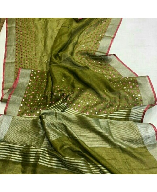 Green pure linen handwoven Saree with mirror embroidery 