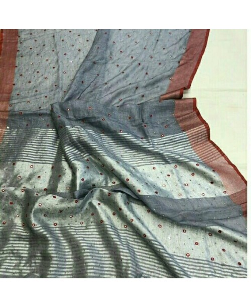 Grey linen handwoven Saree with mirror embroidery 