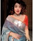 Grey Linen Saree With Contrast Orange Blouse