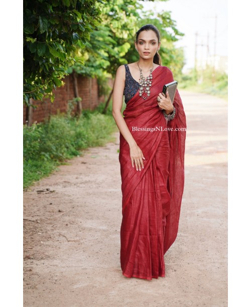 Maroon Handwoven Linen Saree