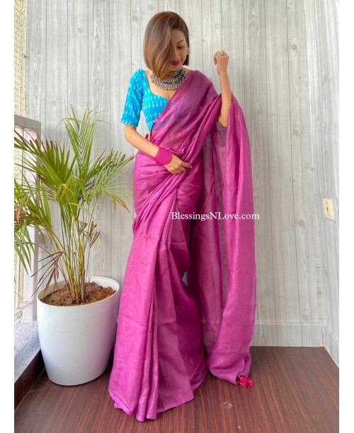 Magenta Pink Handwoven Linen Saree