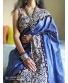 Blue Linen Kalmakari Patch Work Saree