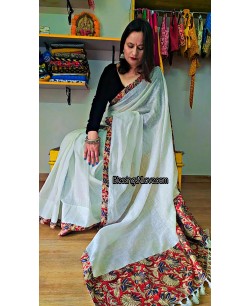 White Handwoven Linen With Kalamkari Patch Work