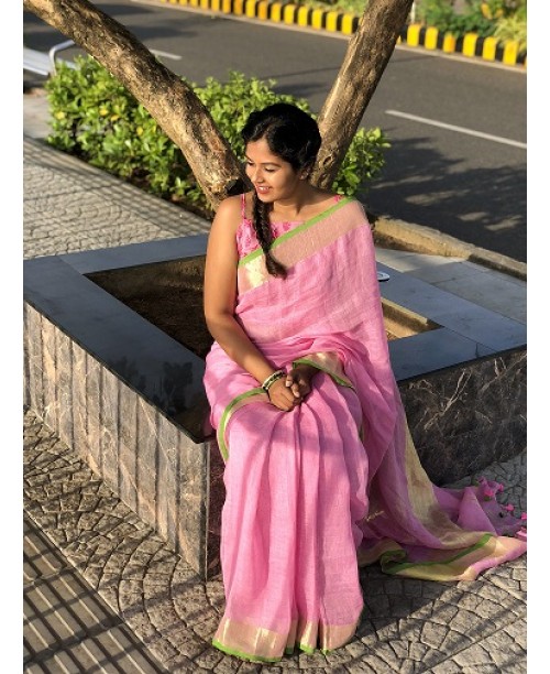 Pink Linen Saree With Golden Zari And Green Border