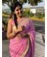 Pink Linen Saree With Golden Zari And Green Border