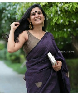 Purple Handwoven Organic Linen Saree With Heart Buta