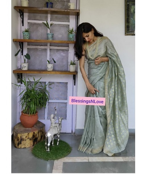 Silver Grey Silk Linen Handwoven Saree