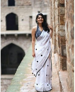 White Linen Embroidered Polka Saree