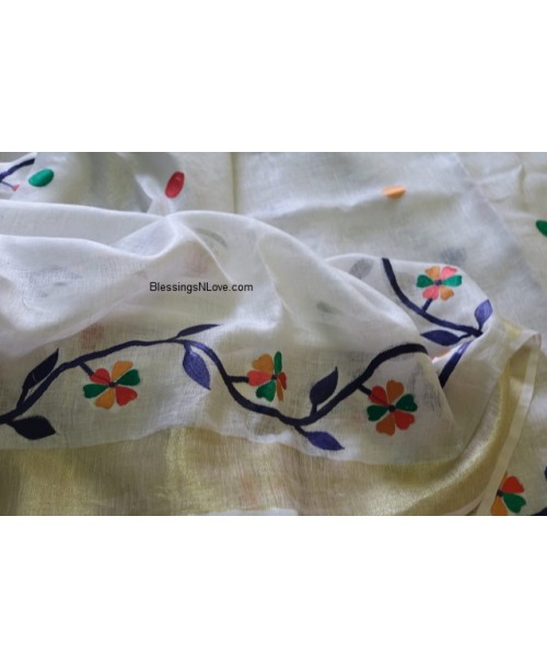 White Pure Linen Embroidered Saree
