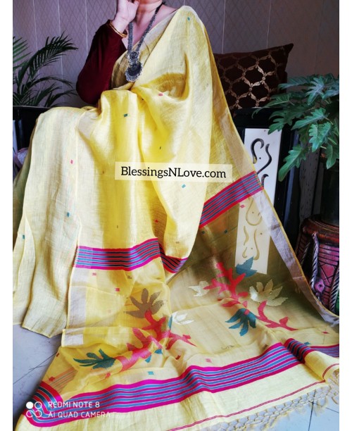 Yellow Silk Linen Jamdani