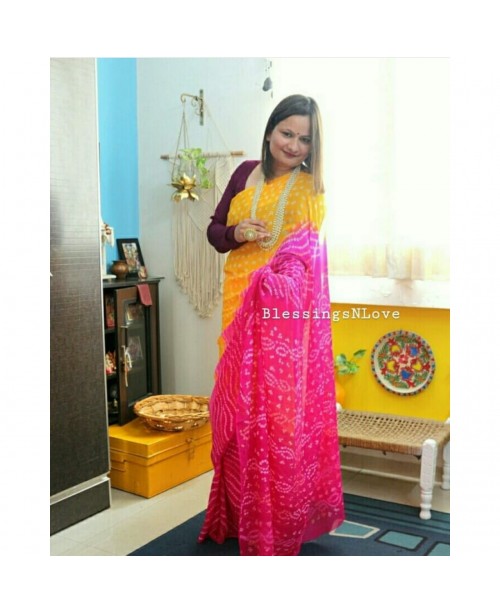 Pure Crepe Handmade Bandhani Saree Yellow Pink BlessingsNLove
