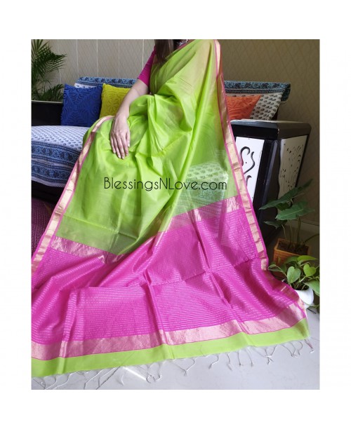 Maheswari Handloom Silk Saree (Green-Pink)