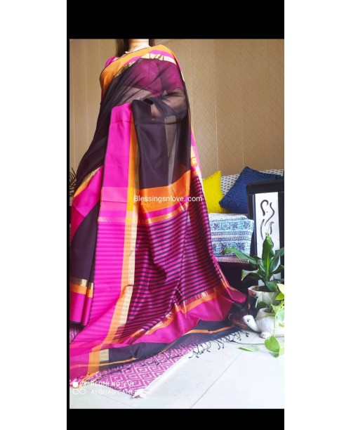 Maheswari Handloom Silk Saree (Black-Pink)