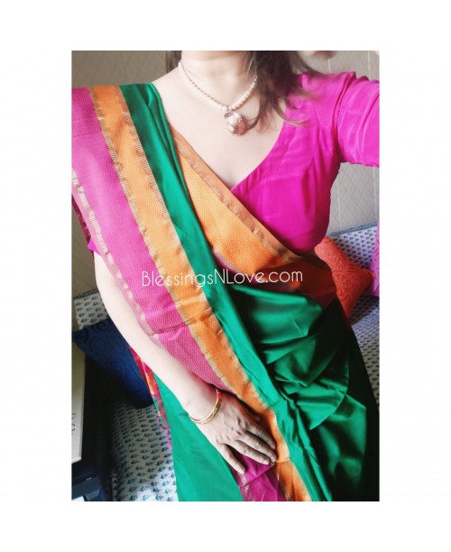 Maheswari Handloom Silk Saree (Green-Orange)