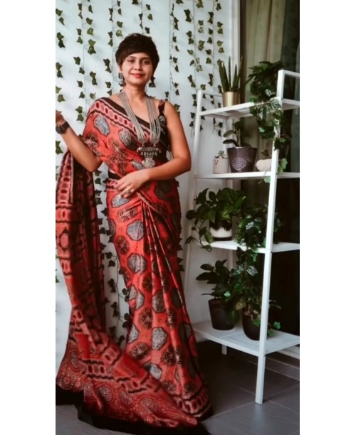 Red Ajrakh Modal Silk With Floral Handblock Print