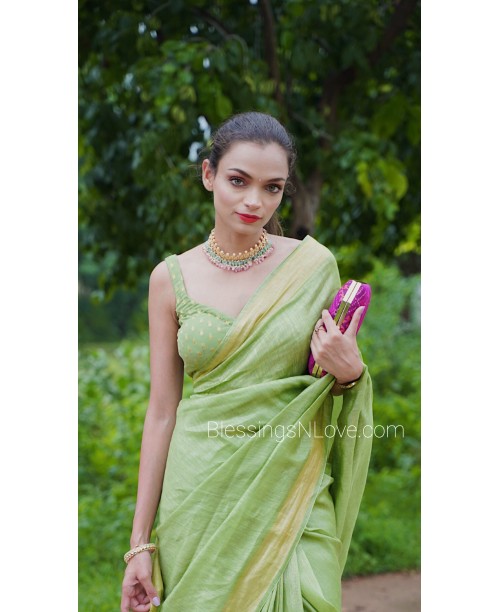 Green Silk Linen Handwoven Saree