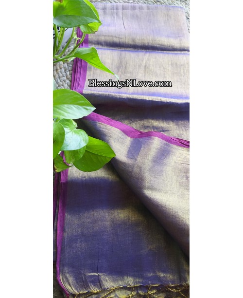 Light Gold Purple Metallic Tissue Mul Saree 