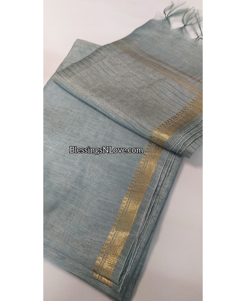 Powder Blue Silk Linen Handloom Saree 