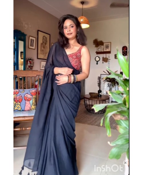 Soft Black Cotton Mul Saree