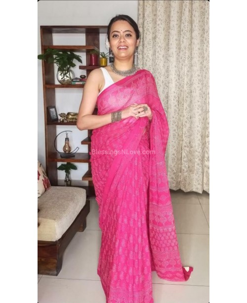 Pink Ajrakh Handblock Print Saree