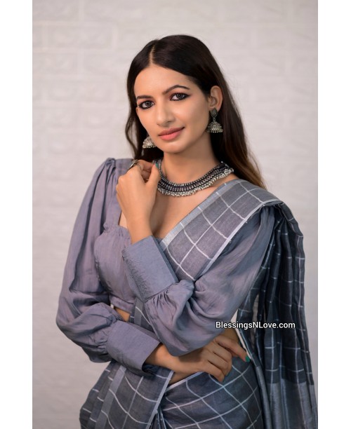 GREY CREPE SQARE NECK FULL BALLON SLEEVES BLOUSE