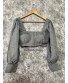 GREY CREPE SQARE NECK FULL BALLON SLEEVES BLOUSE