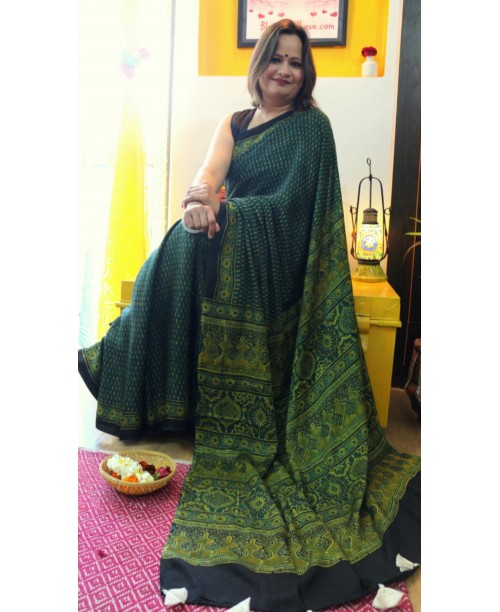 Green Ajrakh Modal Silk Saree