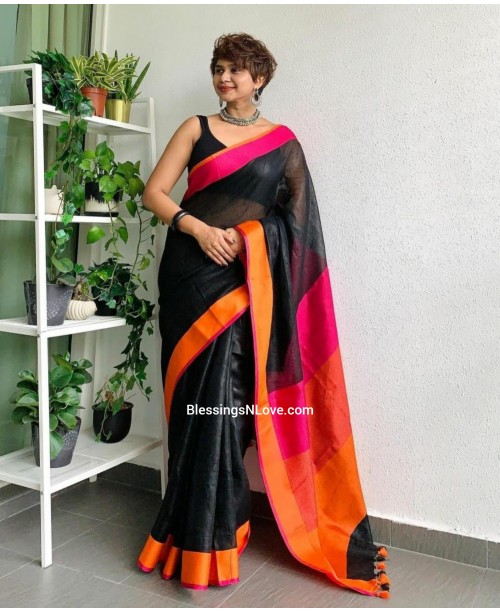 Ira Black Handwoven Linen Saree