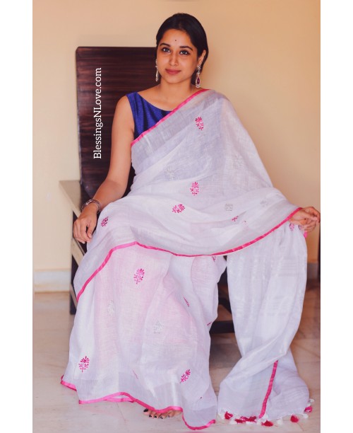 White Linen Embroidery Saree
