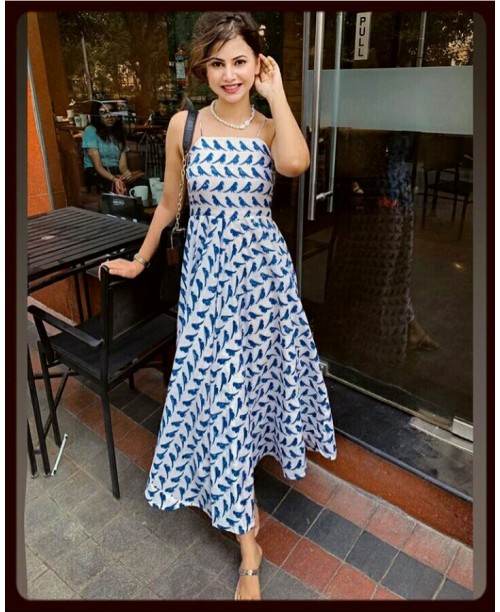 Bird-print Cotton Noodle Strap Block-print Maxi