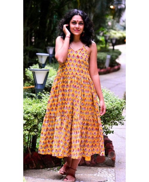 Yellow Noodle Strap Block Print Maxi