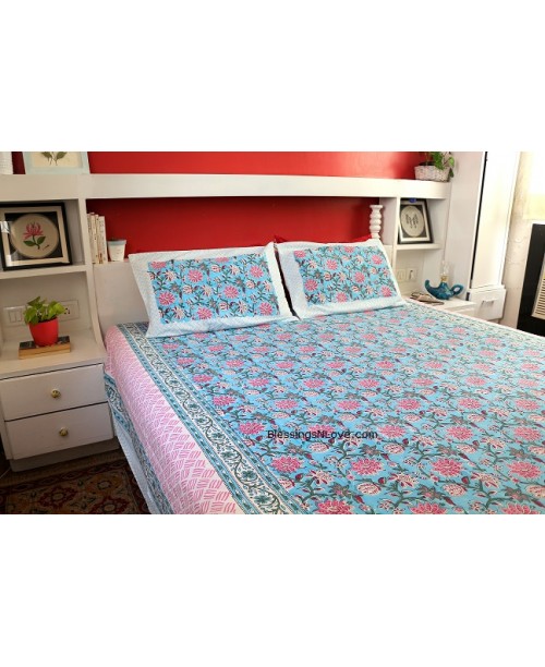 Blue And Pink Floral Double Bedsheet