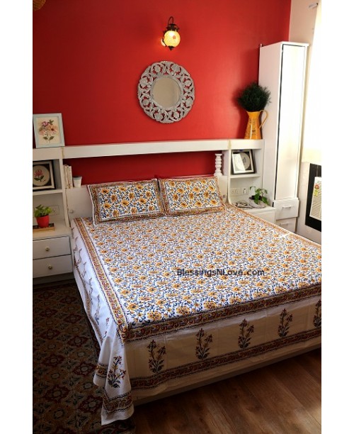 White And Yellow Floral Double Bed Sheet