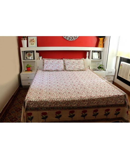 White Cotton Double Bedsheet With Red Floral Block Prints